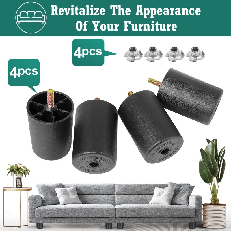 Masendelk 3 inch Plastic Furniture Legs, Round Tapered Table Legs Black Sofa Legs Replacement Legs with M8 Hanger Bolts for Couch Table Sofa, Pack of 4 - Image 4